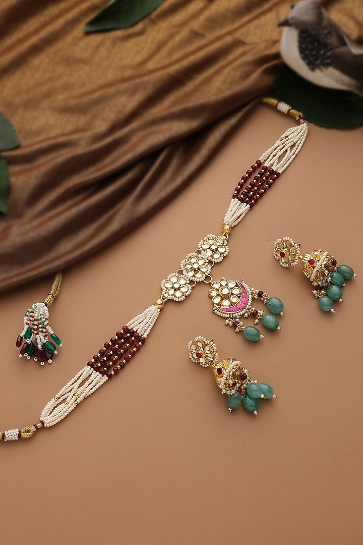 Gold Finish Multi-Colored Jadau Kundan Polki Choker Necklace Set by Swabhimann Jewellery at Pernia's Pop Up Shop