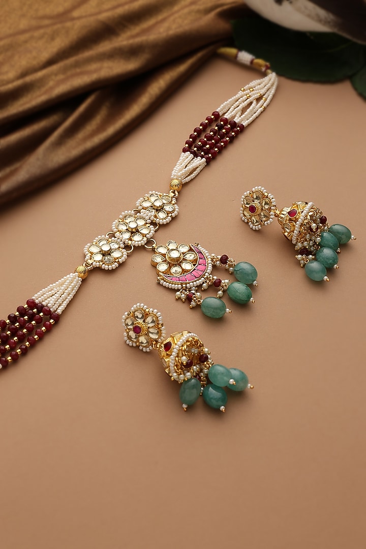 Gold Finish Multi-Colored Jadau Kundan Polki Choker Necklace Set by Swabhimann Jewellery at Pernia's Pop Up Shop