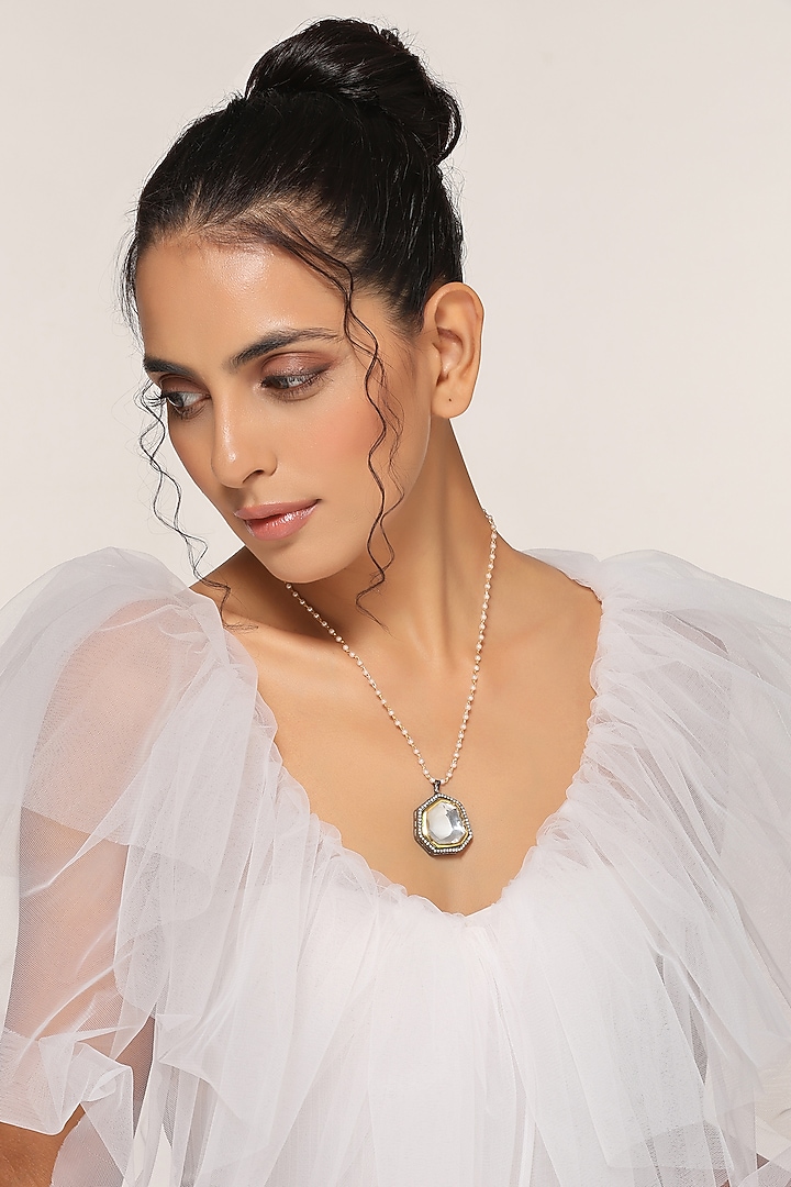 Black Rhodium Finish Grey Kundan Polki Pendant Necklace by Swabhimann Jewellery at Pernia's Pop Up Shop