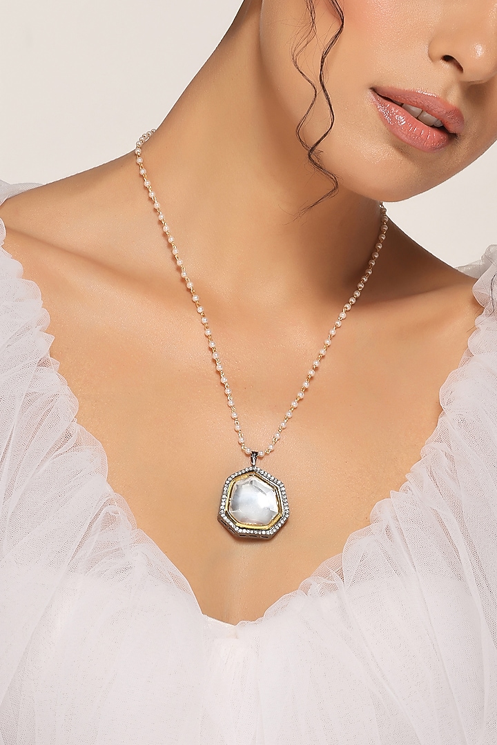 Black Rhodium Finish Grey Kundan Polki Pendant Necklace by Swabhimann Jewellery at Pernia's Pop Up Shop