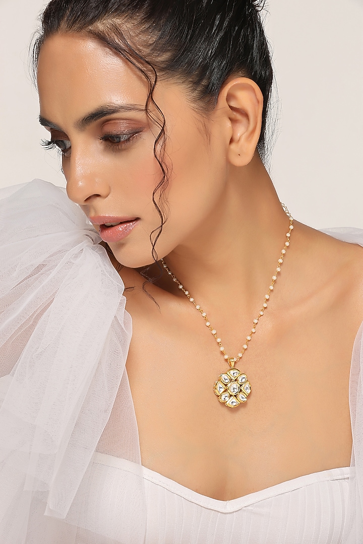 Gold Finish Kundan Polki Pendant Necklace by Swabhimann Jewellery at Pernia's Pop Up Shop