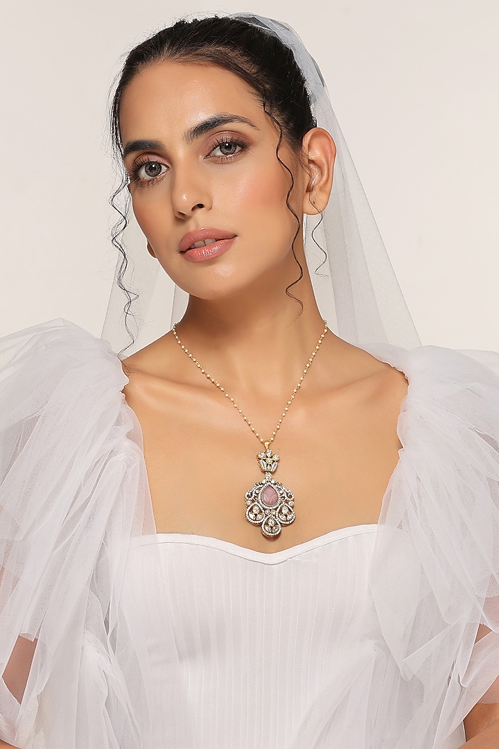 Gold Finish Victorian Polki & Pink Quartz Pendant Necklace by Swabhimann Jewellery at Pernia's Pop Up Shop