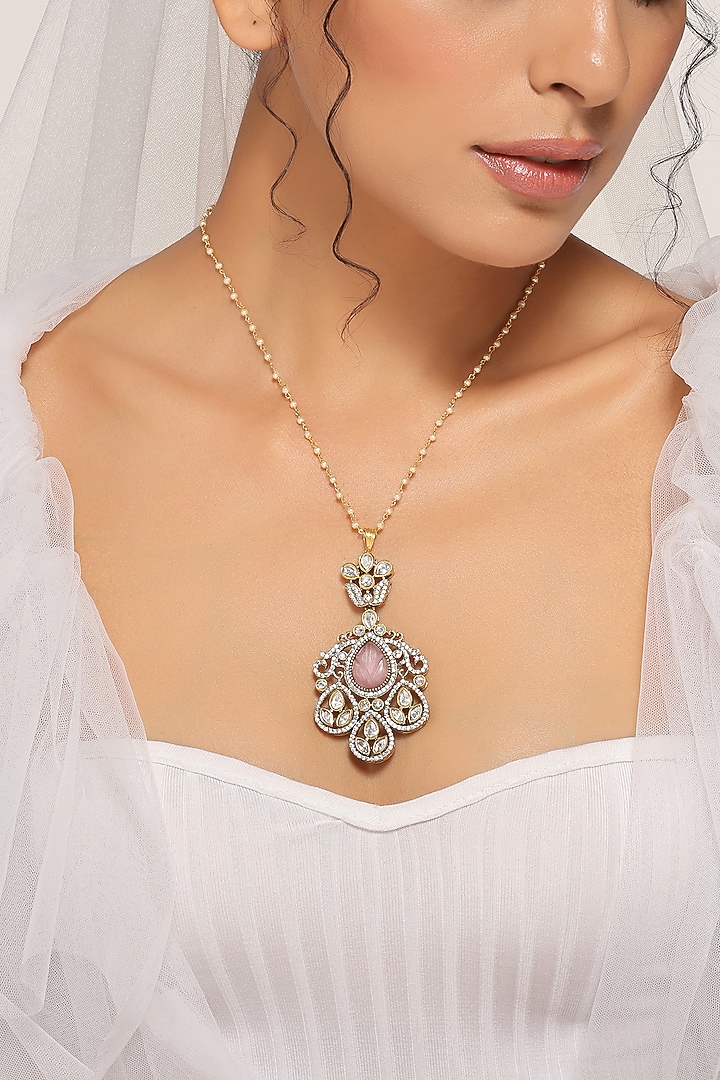 Gold Finish Victorian Polki & Pink Quartz Pendant Necklace by Swabhimann Jewellery at Pernia's Pop Up Shop