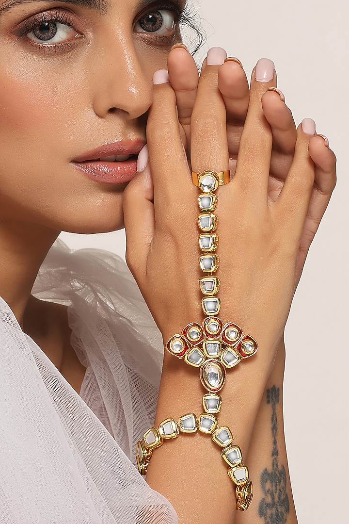 Gold Finish Kundan Polki Hathphool by Swabhimann Jewellery at Pernia's Pop Up Shop