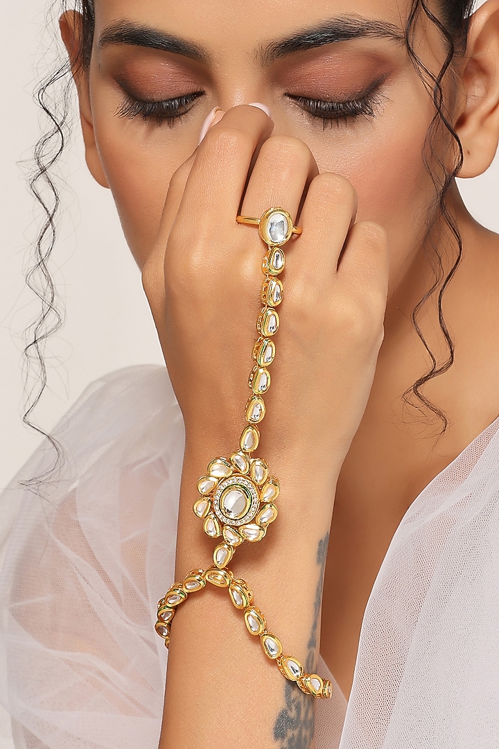 Gold Finish Kundan Polki Hathphool by Swabhimann Jewellery at Pernia's Pop Up Shop
