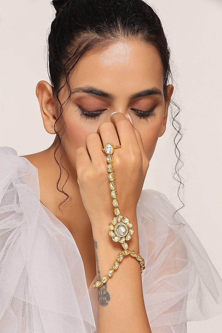 Gold Finish Kundan Polki Hathphool by Swabhimann Jewellery at Pernia's Pop Up Shop