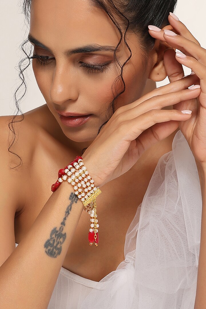 Gold Finish Shell Pearl Bracelet by Swabhimann Jewellery at Pernia's Pop Up Shop