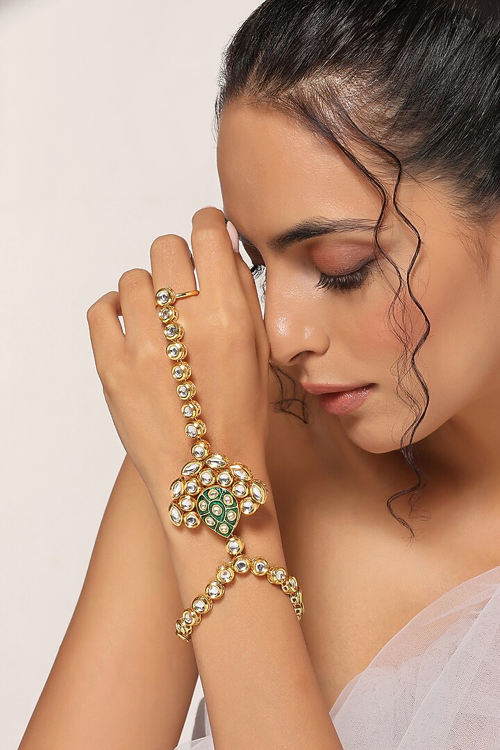 Gold Finish Kundan Polki Hathphool by Swabhimann Jewellery at Pernia's Pop Up Shop