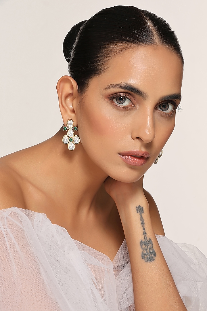 Gold Finish Kundan Polki Dangler Earrings by Swabhimann Jewellery at Pernia's Pop Up Shop