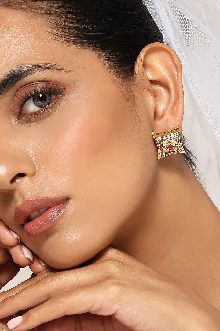 Gold Finish Kundan Polki Stud Earrings by Swabhimann Jewellery at Pernia's Pop Up Shop