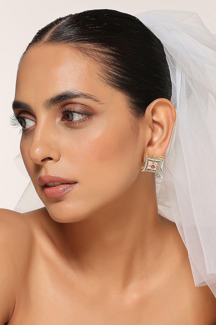 Gold Finish Kundan Polki Stud Earrings by Swabhimann Jewellery at Pernia's Pop Up Shop