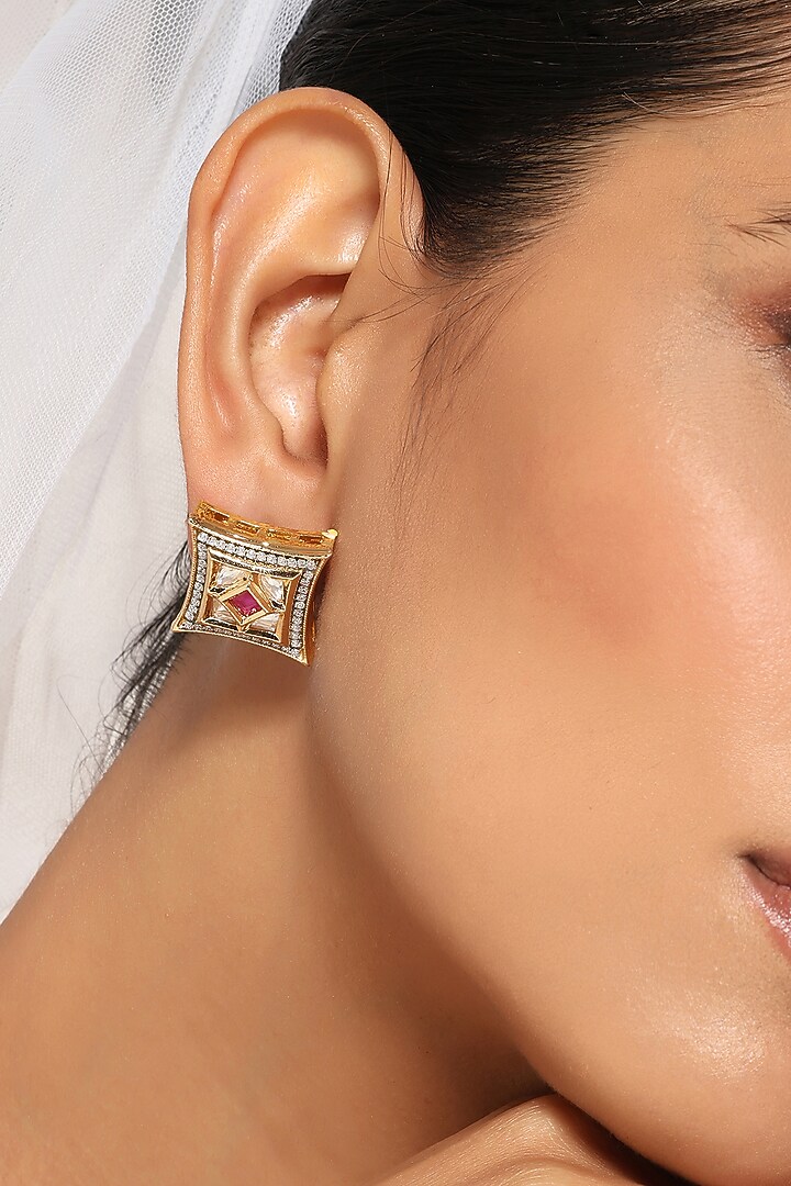 Gold Finish Kundan Polki Stud Earrings by Swabhimann Jewellery at Pernia's Pop Up Shop