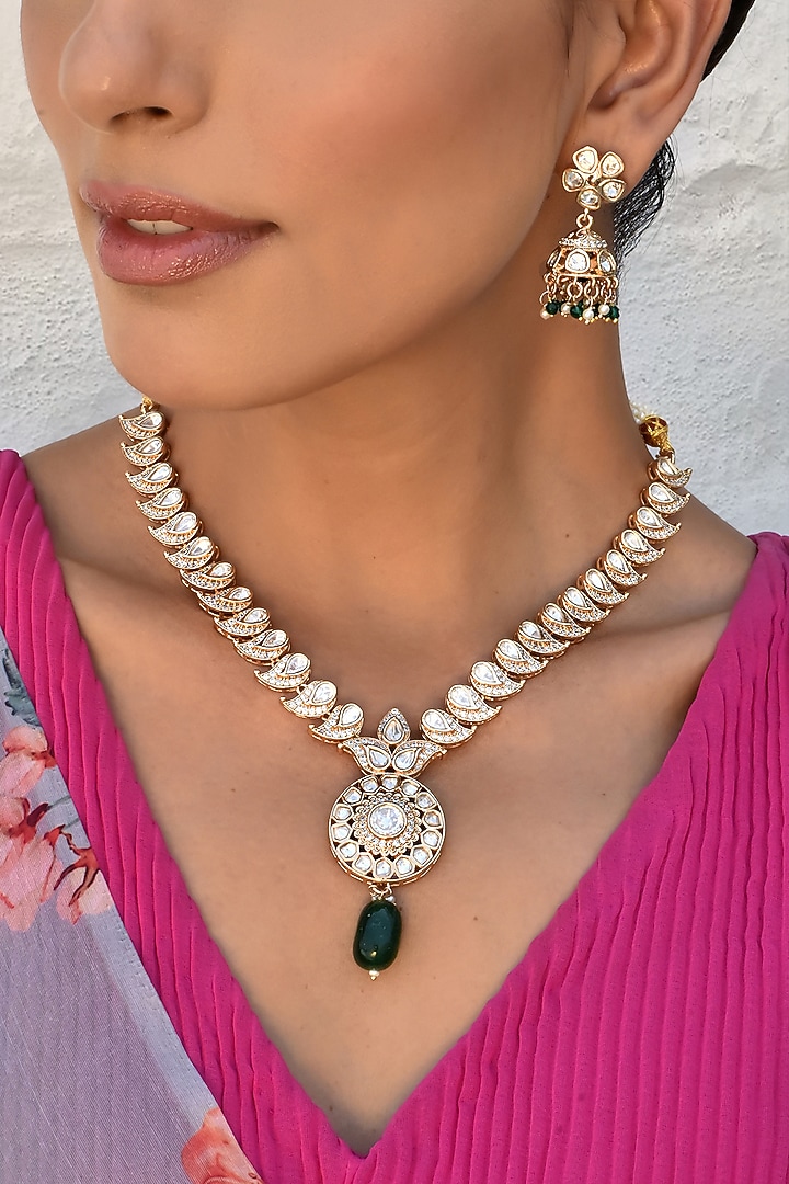 Gold Finish Kundan Polki Necklace Set by Swabhimann Jewellery at Pernia's Pop Up Shop