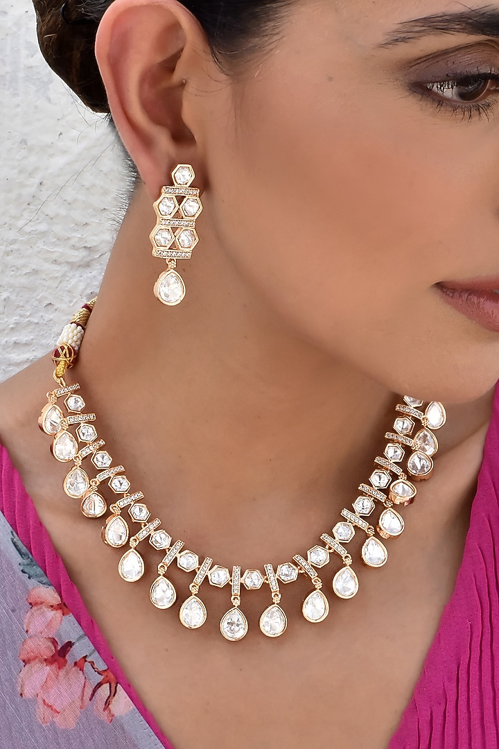 Rose Gold Finish Kundan Polki Necklace Set by Swabhimann Jewellery at Pernia's Pop Up Shop