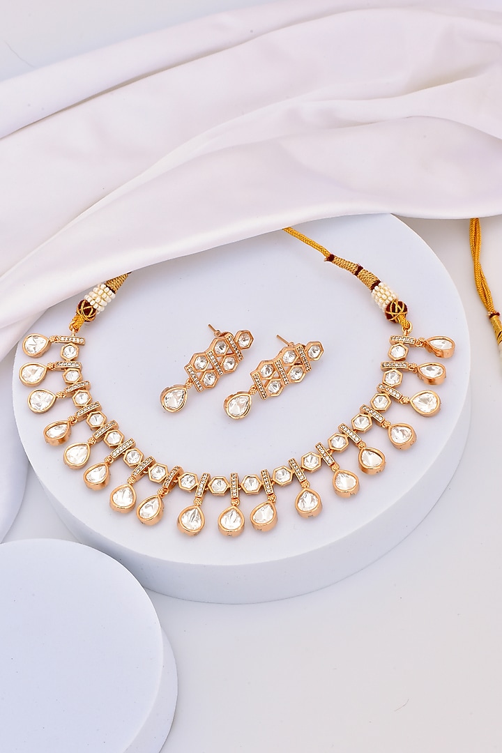 Rose Gold Finish Kundan Polki Necklace Set by Swabhimann Jewellery at Pernia's Pop Up Shop