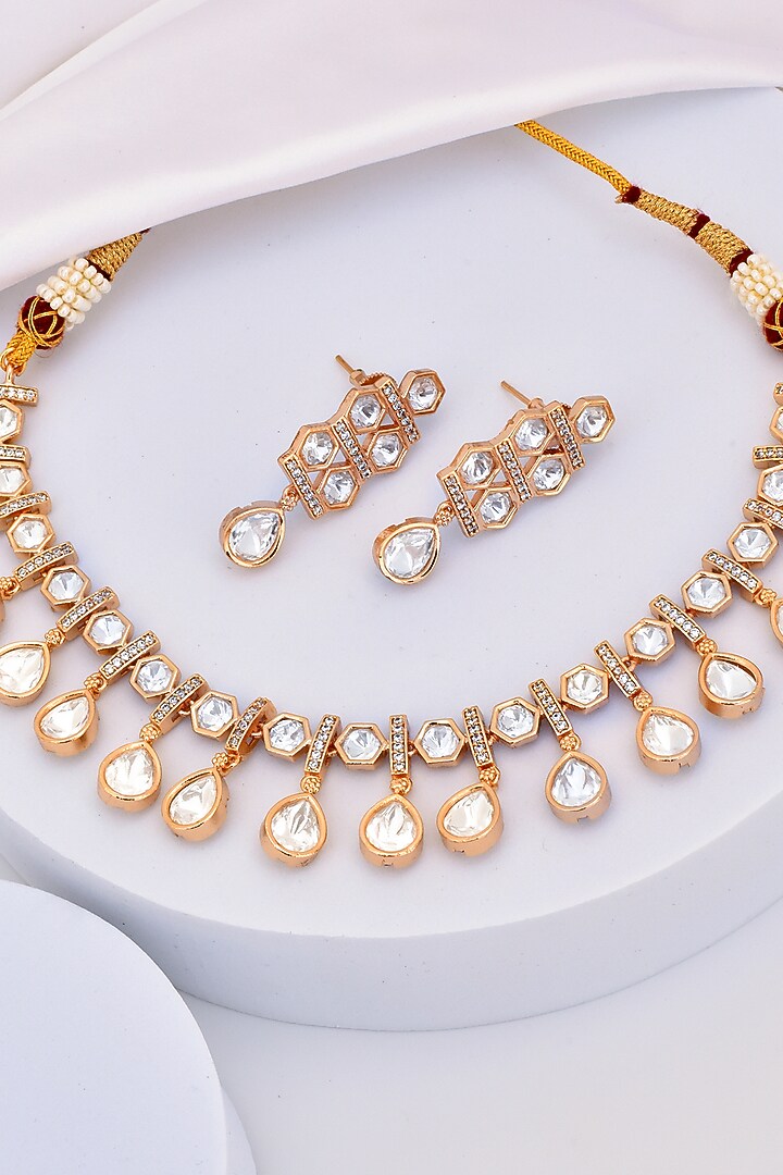Rose Gold Finish Kundan Polki Necklace Set by Swabhimann Jewellery at Pernia's Pop Up Shop