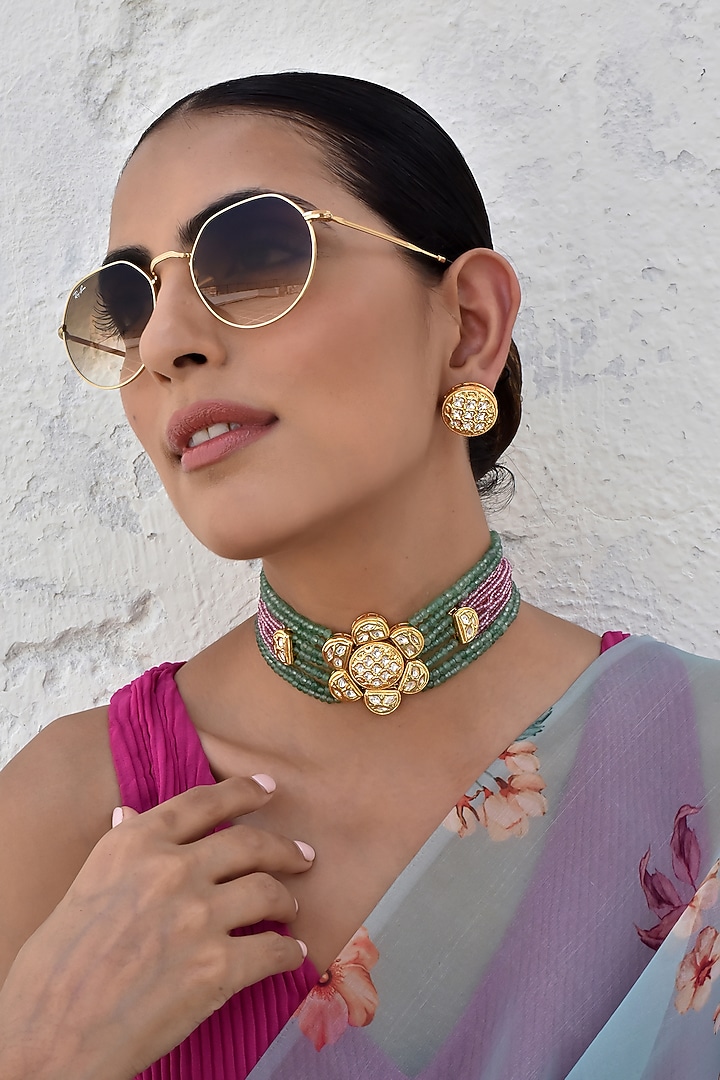 Gold Finish Multi-Colored Kundan Polki Choker Necklace Set by Swabhimann Jewellery at Pernia's Pop Up Shop