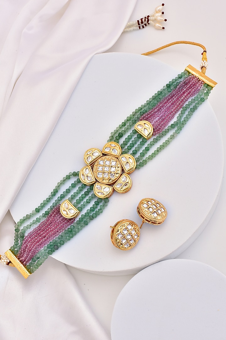 Gold Finish Multi-Colored Kundan Polki Choker Necklace Set by Swabhimann Jewellery at Pernia's Pop Up Shop