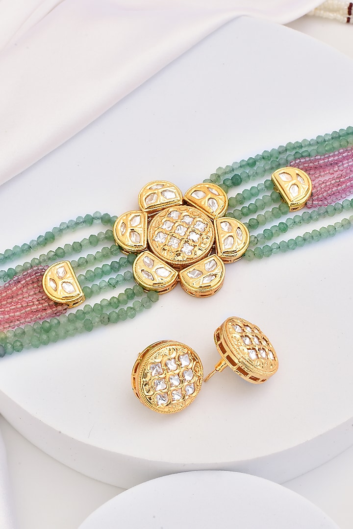 Gold Finish Multi-Colored Kundan Polki Choker Necklace Set by Swabhimann Jewellery at Pernia's Pop Up Shop