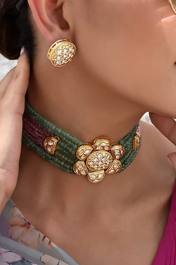 Gold Finish Multi-Colored Kundan Polki Choker Necklace Set by Swabhimann Jewellery at Pernia's Pop Up Shop