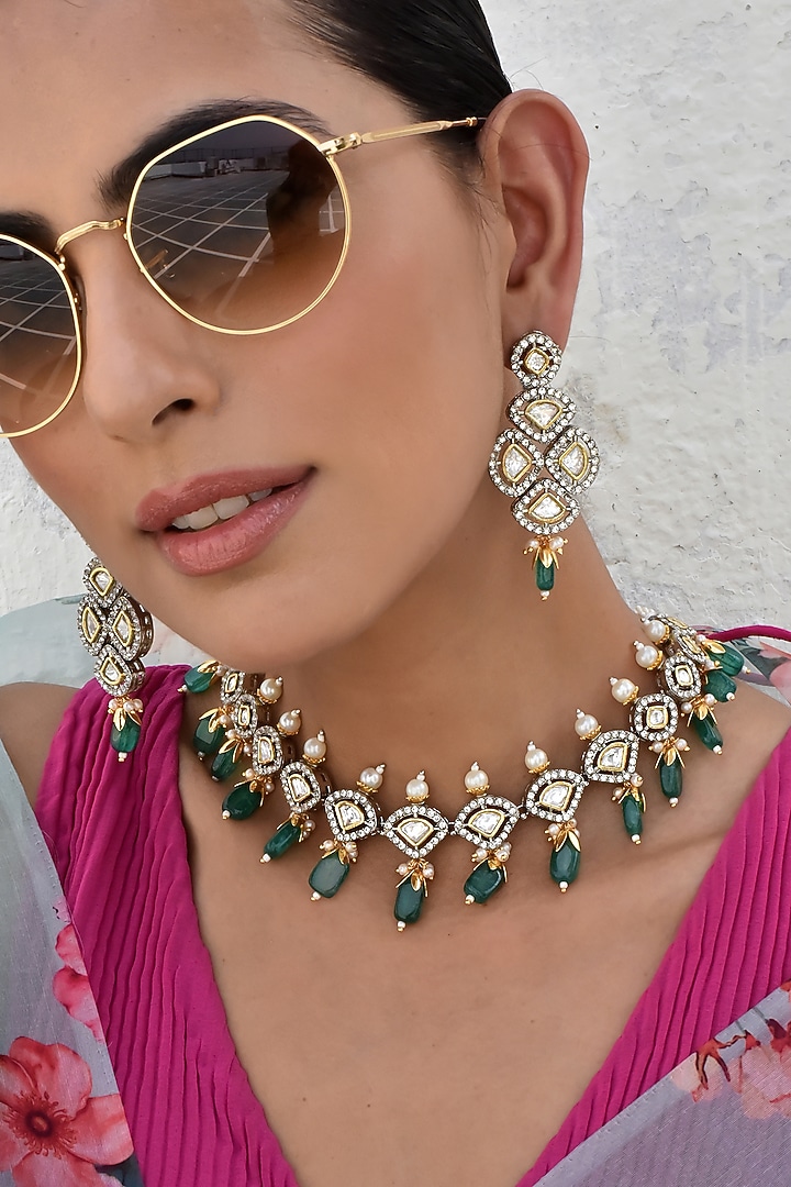 White Finish Kundan Polki Necklace Set by Swabhimann Jewellery at Pernia's Pop Up Shop