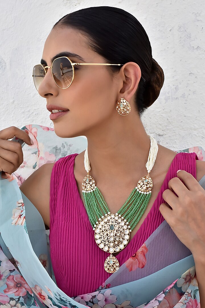 Gold Finish Kundan Polki Layered Necklace Set by Swabhimann Jewellery at Pernia's Pop Up Shop