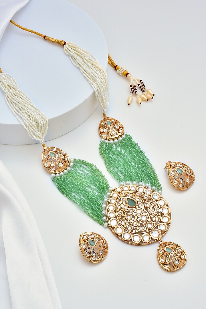 Gold Finish Kundan Polki Layered Necklace Set by Swabhimann Jewellery at Pernia's Pop Up Shop