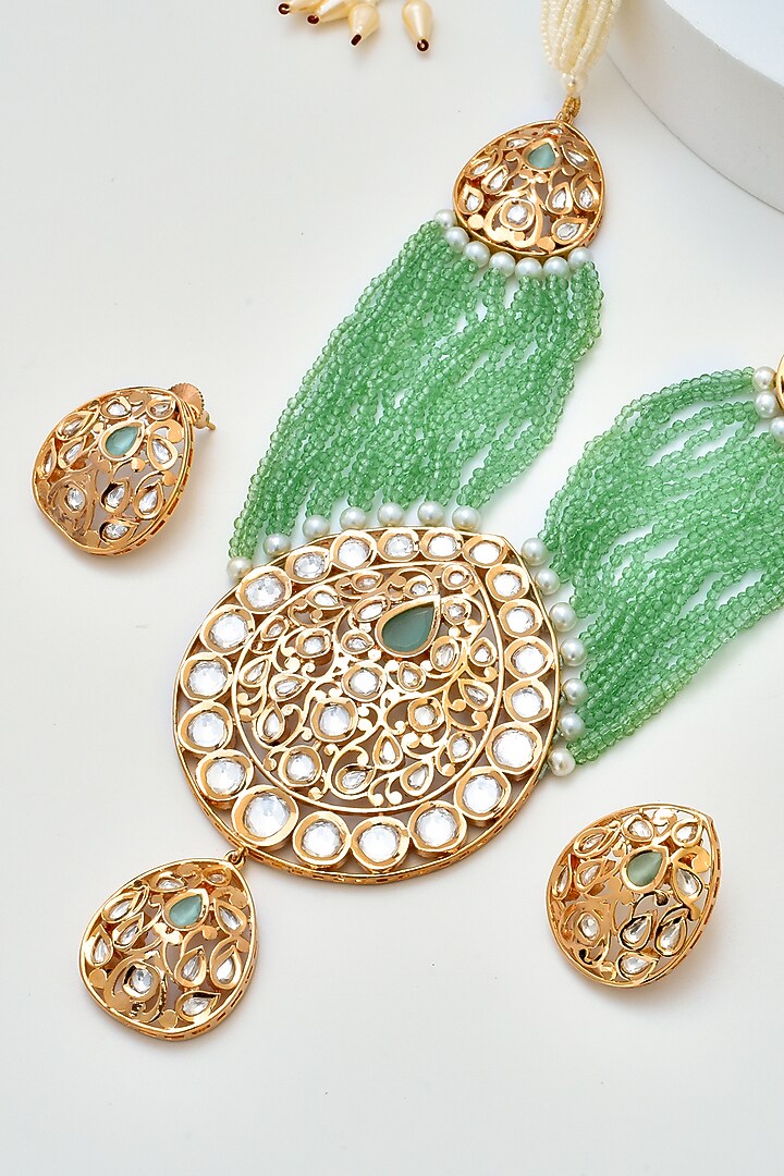 Gold Finish Kundan Polki Layered Necklace Set by Swabhimann Jewellery at Pernia's Pop Up Shop