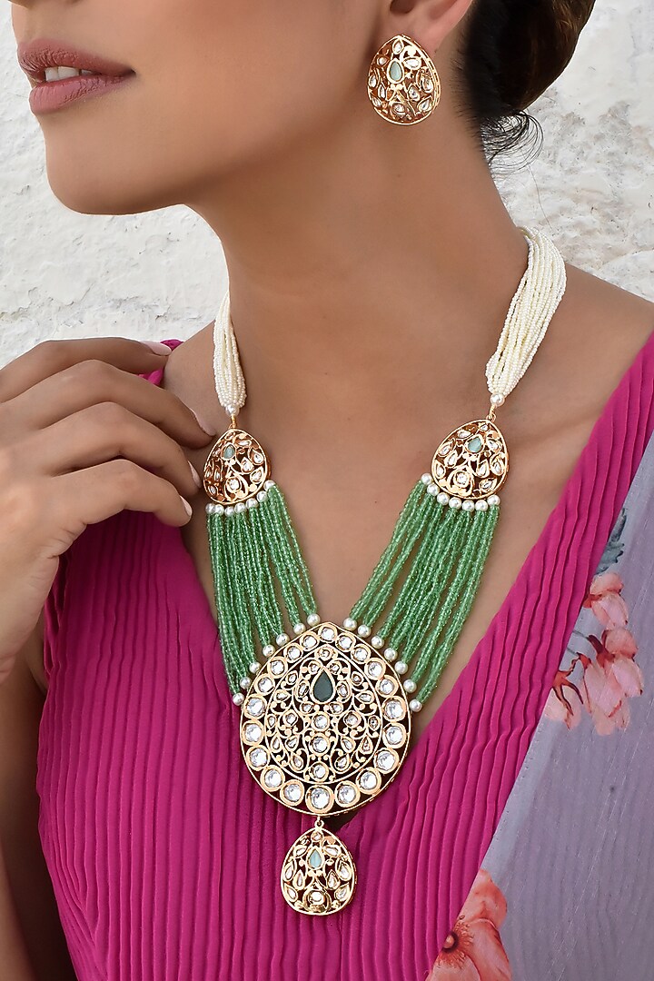 Gold Finish Kundan Polki Layered Necklace Set by Swabhimann Jewellery at Pernia's Pop Up Shop