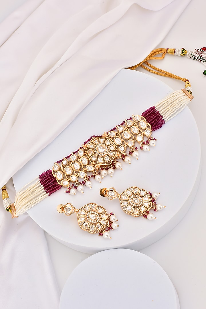 Rose Gold Finish Kundan Polki Choker Necklace Set by Swabhimann Jewellery at Pernia's Pop Up Shop