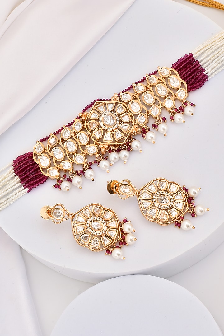 Rose Gold Finish Kundan Polki Choker Necklace Set by Swabhimann Jewellery at Pernia's Pop Up Shop