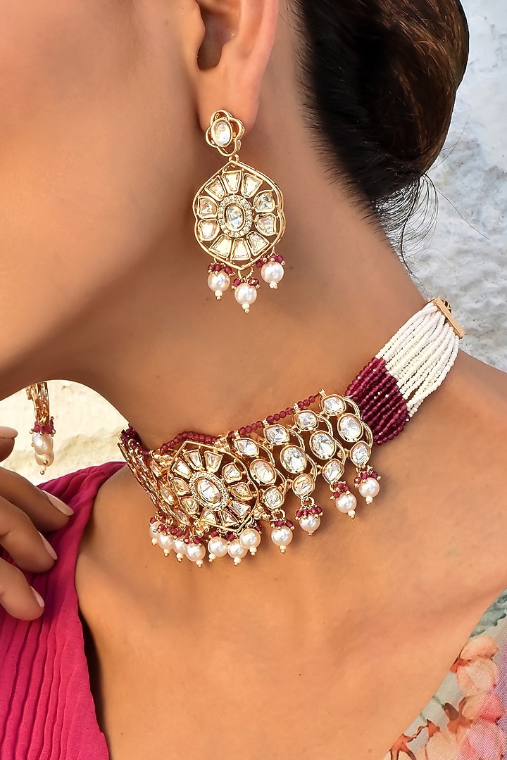 Rose Gold Finish Kundan Polki Choker Necklace Set by Swabhimann Jewellery at Pernia's Pop Up Shop
