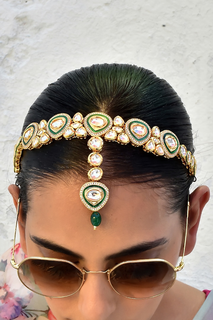 Gold Finish Kundan Polki Mathapatti by Swabhimann Jewellery at Pernia's Pop Up Shop