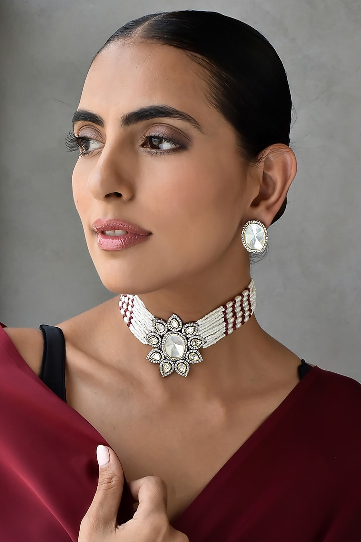 White Finish Kundan Polki Choker Necklace Set by Swabhimann Jewellery at Pernia's Pop Up Shop