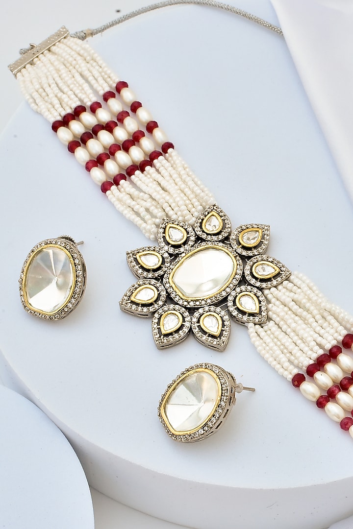 White Finish Kundan Polki Choker Necklace Set by Swabhimann Jewellery at Pernia's Pop Up Shop