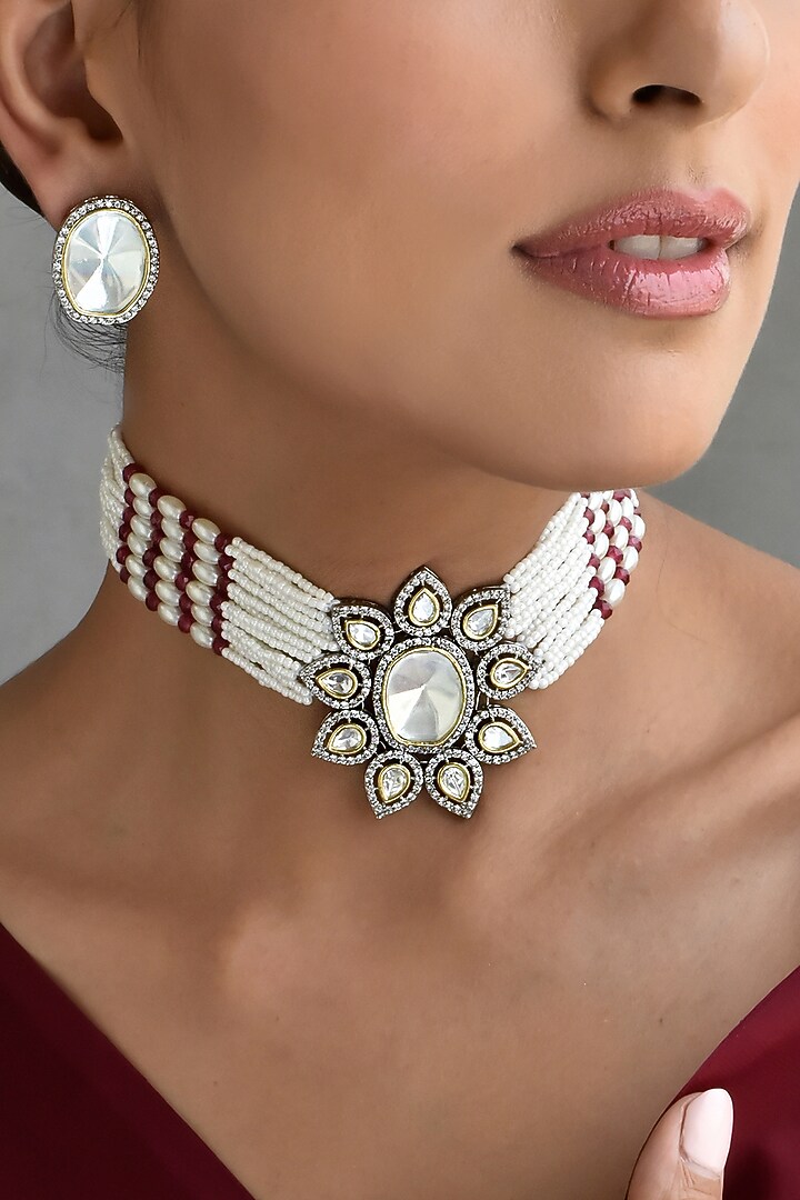 White Finish Kundan Polki Choker Necklace Set by Swabhimann Jewellery at Pernia's Pop Up Shop