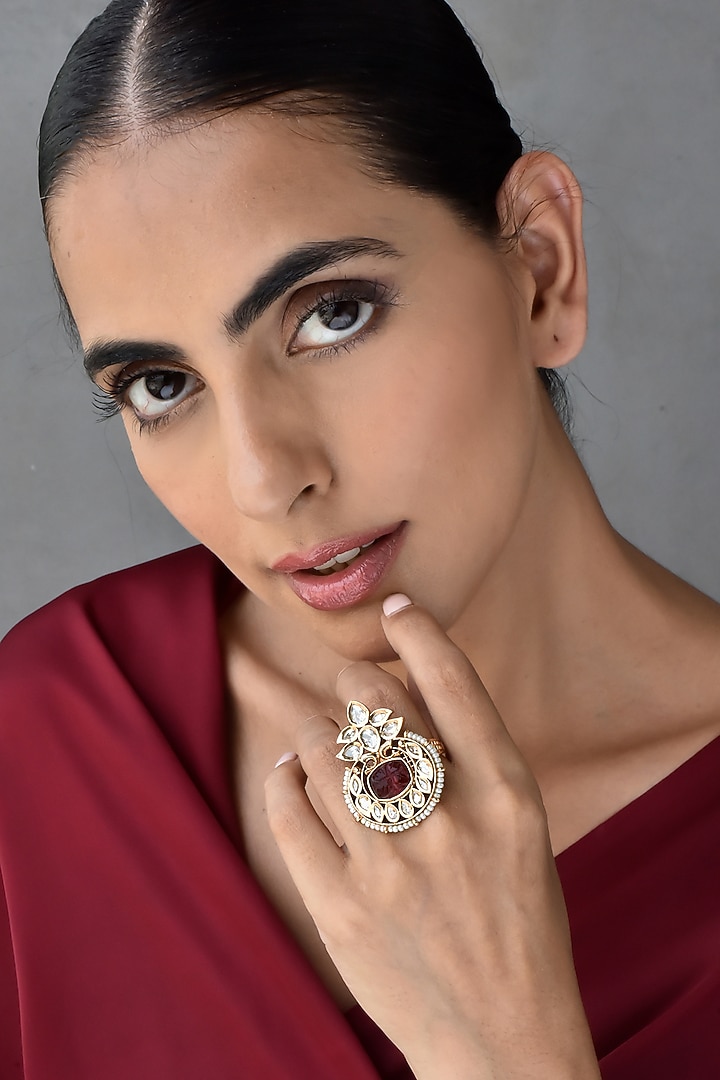 Gold Finish Kundan Polki Ring by Swabhimann Jewellery at Pernia's Pop Up Shop