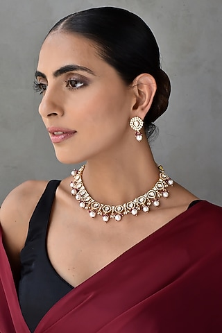 Gold Finish Kundan Polki Necklace Set by Swabhimann Jewellery