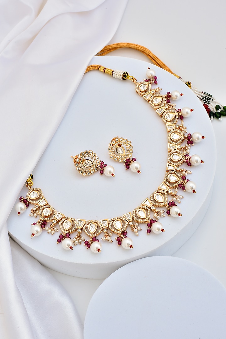 Gold Finish Kundan Polki Necklace Set by Swabhimann Jewellery at Pernia's Pop Up Shop