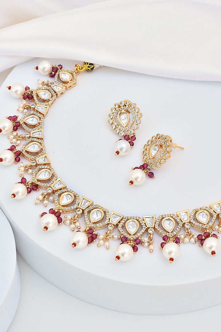 Gold Finish Kundan Polki Necklace Set by Swabhimann Jewellery at Pernia's Pop Up Shop