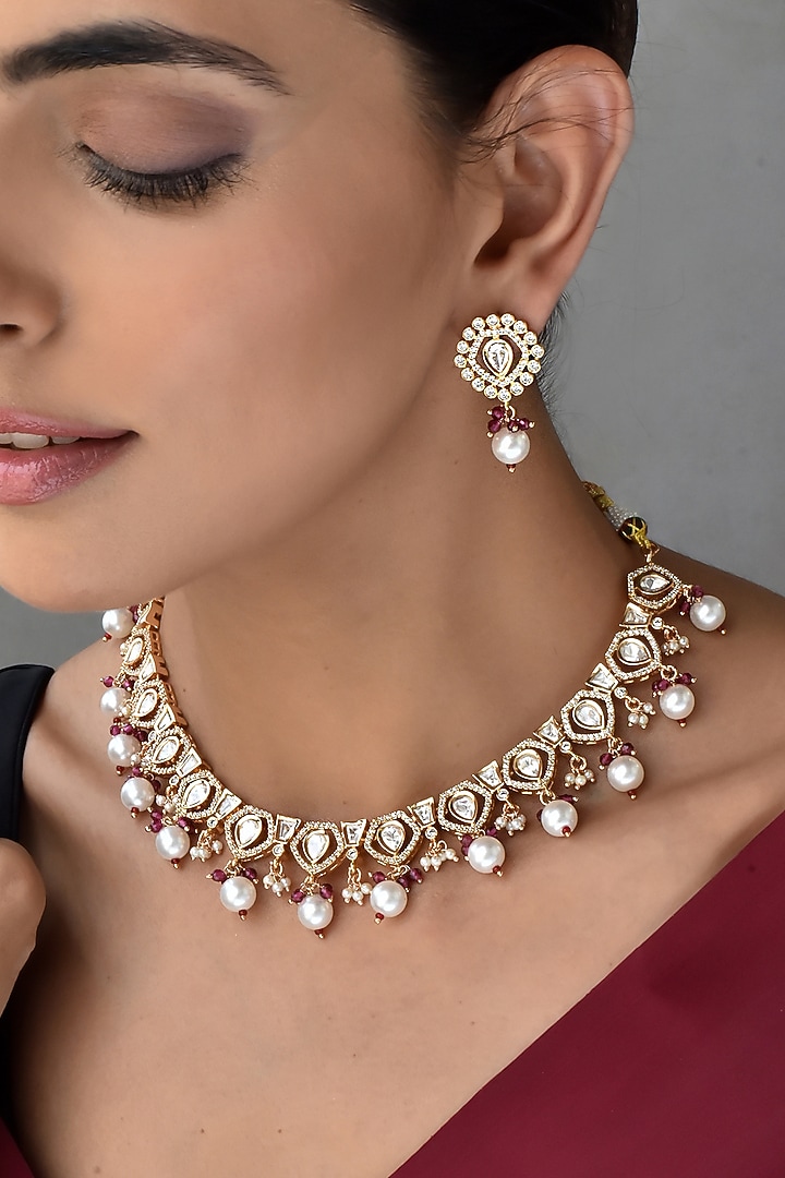 Gold Finish Kundan Polki Necklace Set by Swabhimann Jewellery at Pernia's Pop Up Shop