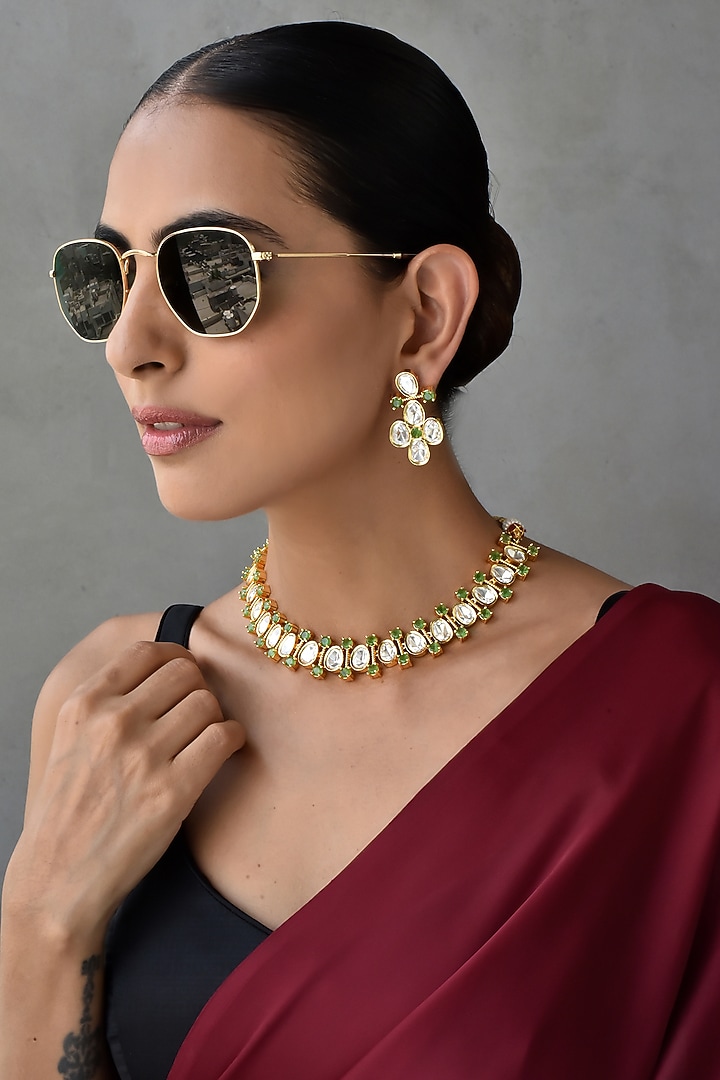 Gold Finish Kundan Polki Necklace Set by Swabhimann Jewellery at Pernia's Pop Up Shop