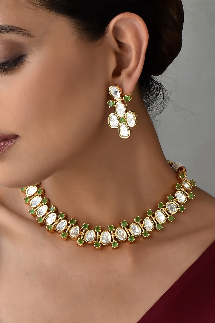 Gold Finish Kundan Polki Necklace Set by Swabhimann Jewellery at Pernia's Pop Up Shop