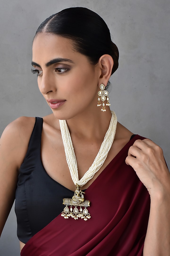Gold Finish Kundan Polki & Pearl Long Necklace Set by Swabhimann Jewellery at Pernia's Pop Up Shop