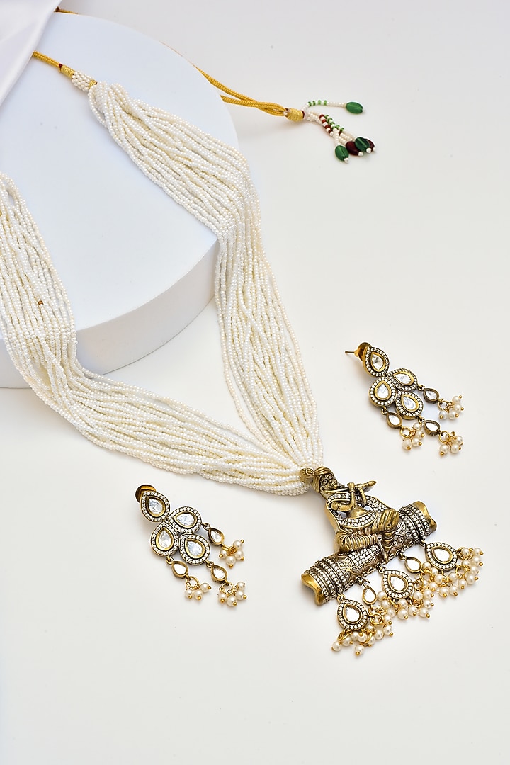 Gold Finish Kundan Polki & Pearl Long Necklace Set by Swabhimann Jewellery at Pernia's Pop Up Shop