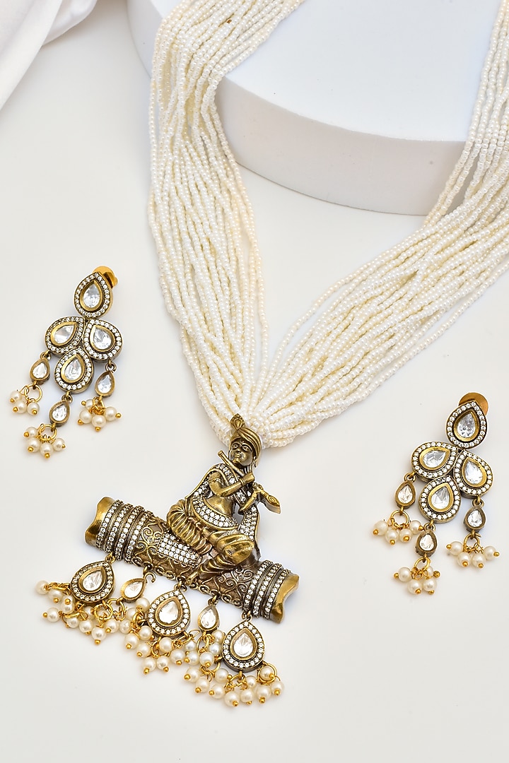 Gold Finish Kundan Polki & Pearl Long Necklace Set by Swabhimann Jewellery at Pernia's Pop Up Shop