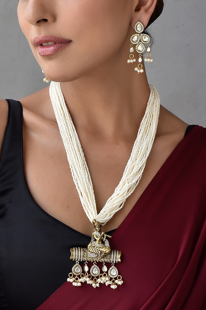 Gold Finish Kundan Polki & Pearl Long Necklace Set by Swabhimann Jewellery at Pernia's Pop Up Shop