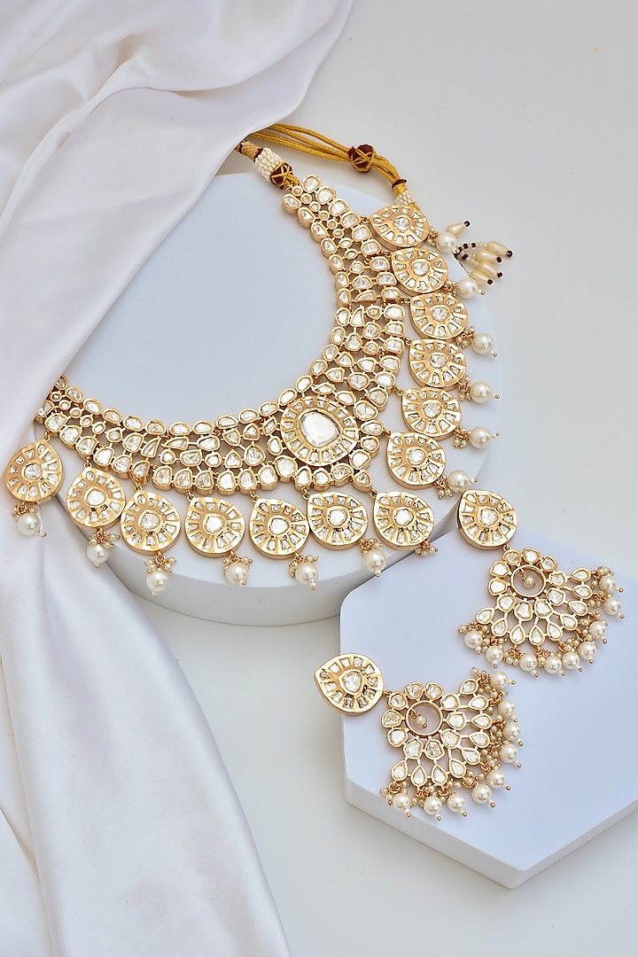 Rose Gold Finish Kundan Polki Necklace Set by Swabhimann Jewellery at Pernia's Pop Up Shop
