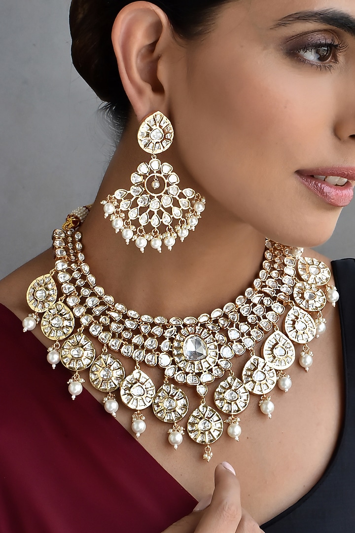Rose Gold Finish Kundan Polki Necklace Set by Swabhimann Jewellery at Pernia's Pop Up Shop