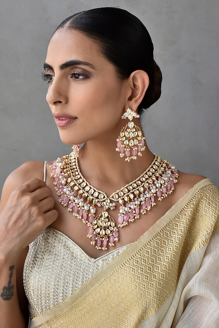 Gold Finish Kundan Polki Necklace Set by Swabhimann Jewellery at Pernia's Pop Up Shop